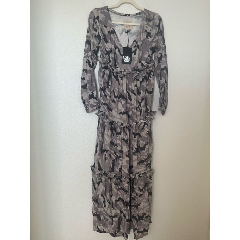 Chaser Camo V Neck Ruffle Tier Maxi with Slit NEW